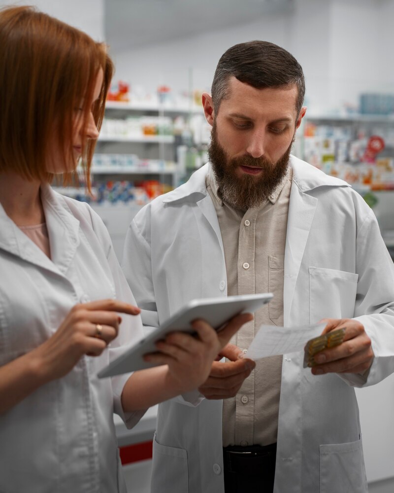 Female pharmacist training male coworker with tablet in the pharmacy