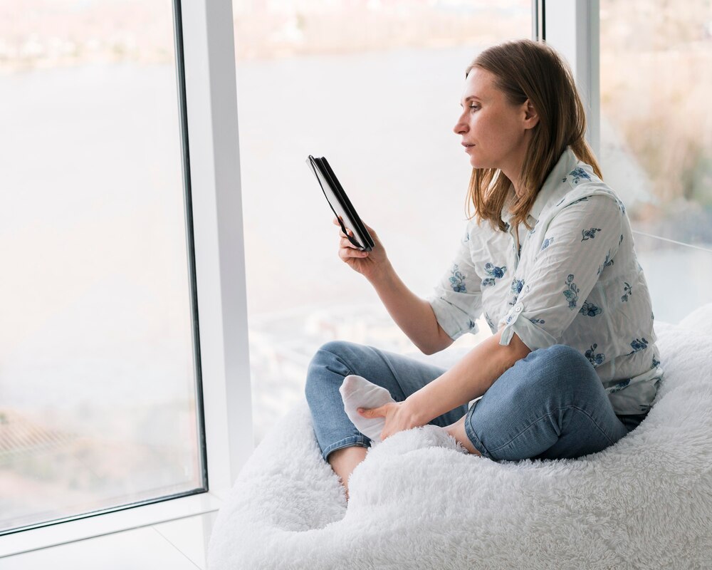 Woman sitting next to window with her phone